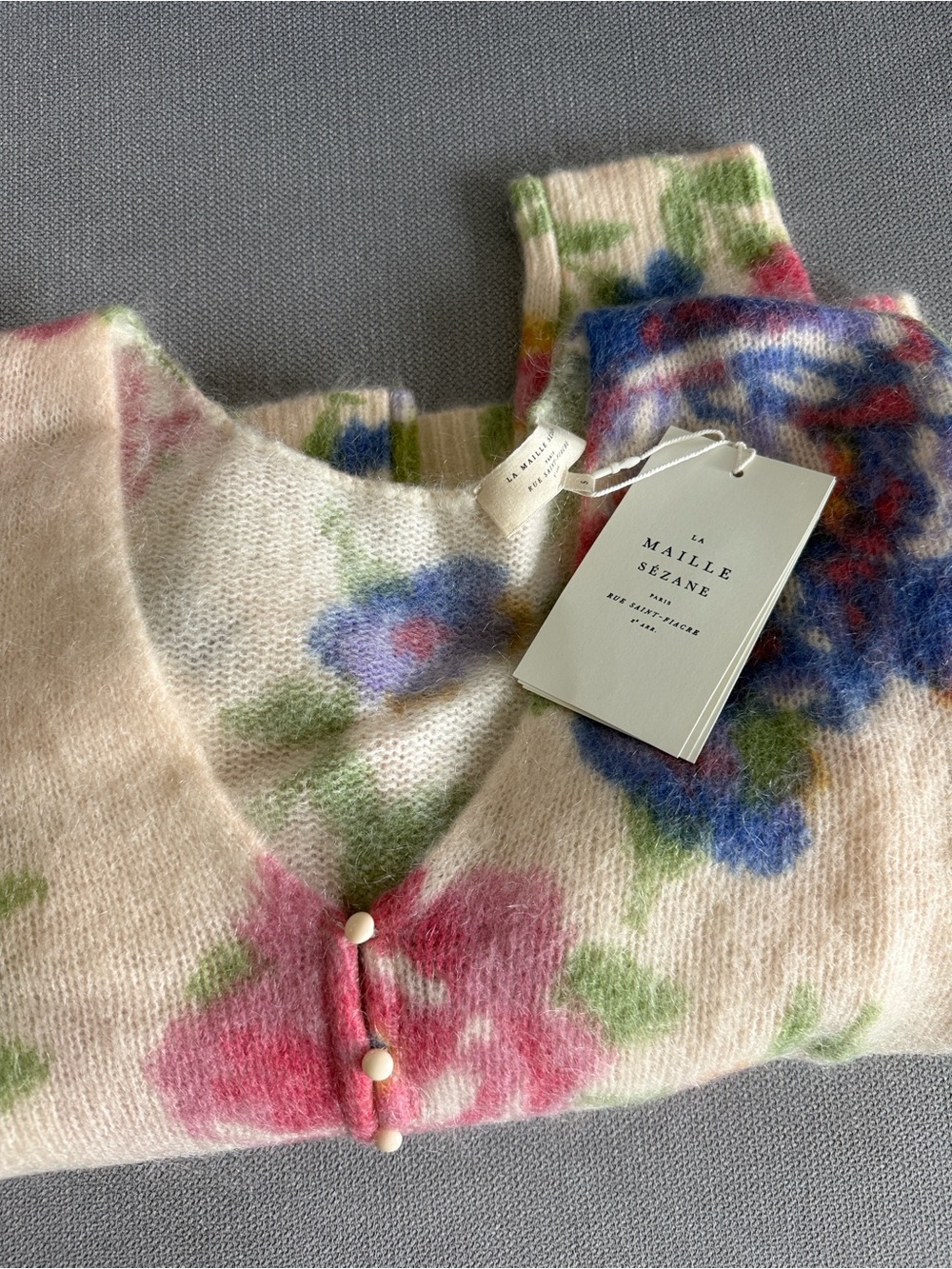 La Maille Sezane Teresa Floral Cream Pink Purple Cardigan Sweater Size S NWT - Picture 3 of 10